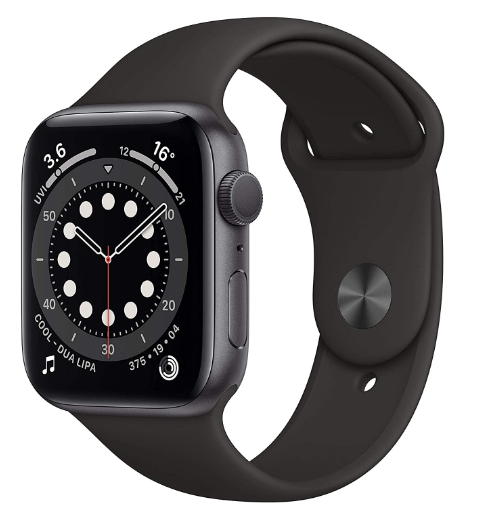 Apple Watch Series 6 44mm GPS - Space Grey Aluminium Case with Black Sport Band Renewed